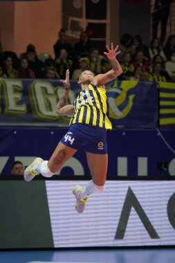 ISTANBUL, TURKIYE - 18 Ocak 2023: Melissa Vargas, Burhan Felek Spor Salonu 'nda oynanan Fenerbahçe Opet-Allianz MTV Stuttgart CEV Şampiyonlar Ligi Volesi Şampiyonlar Ligi karşılaşmasında görev yapıyor