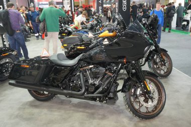 ISTANBUL, TURKIYE - 29 Nisan 2023: Harley Davidson motosikleti İstanbul Sergi Merkezi 'ndeki Motosiklet Fuarı' nda sergileniyor