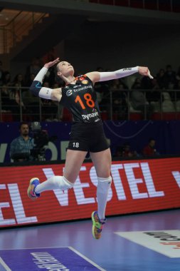 ISTANBUL, TURKIYE - 21 Ocak 2023: Irina Voronkova, Burhan Felek Spor Salonu 'nda Türk Hava Yollari - Eczacibasi Dynavit Türk Sultanlar Ligi karşılaşmasında görev yapıyor