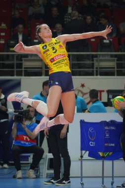 ISTANBUL, TURKIYE - MARCH 16, 2023: Kelsey Robinson-Cook warming up before Fenerbahce Opet vs Imoco Volley Conegliano CEV Champions League Volley match in Burhan Felek Sport Hall