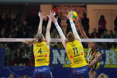 ISTANBUL, TURKIYE - 16 Mart 2023: Federica Squarcini ve Isabelle Haak, Burhan Felek Spor Salonu 'nda oynanan Fenerbahçe Opet - Imoco Volley Conegliano CEV Şampiyonlar Ligi Volesi Şampiyonlar Ligi Volesi karşılaşmasında