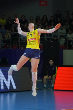 ISTANBUL, TURKIYE - MARCH 16, 2023: Isabelle Haak serves during Fenerbahce Opet vs Imoco Volley Conegliano CEV Champions League Volley match in Burhan Felek Sport Hall