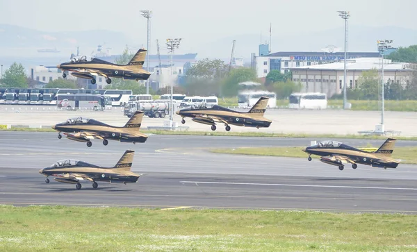 stock image ISTANBUL, TURKIYE - MAY 01, 2023: Fursan Al Emarat, United Arab Emirates Air Force aerobatic demonstration team display in Istanbul Ataturk Airport during Teknofest Istanbul