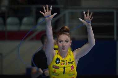 ISTANBUL, TURKIYE - MARCH 16, 2023: Stephanie Samedy warming up before Fenerbahce Opet vs Imoco Volley Conegliano CEV Champions League Volley match in Burhan Felek Sport Hall