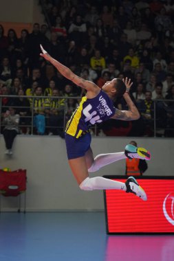 ISTANBUL, TURKIYE - MARCH 16, 2023: Melissa Vargas serves during Fenerbahce Opet vs Imoco Volley Conegliano CEV Champions League Volley match in Burhan Felek Sport Hall
