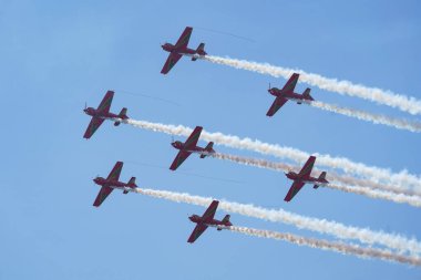 ISTANBUL, TURKIYE - Mayıs 01, 2023: Fas Marche Verte - İstanbul Teknofest sırasında İstanbul Atatürk Havalimanı 'nda Yeşil Mart akrobatik gösteri ekibi