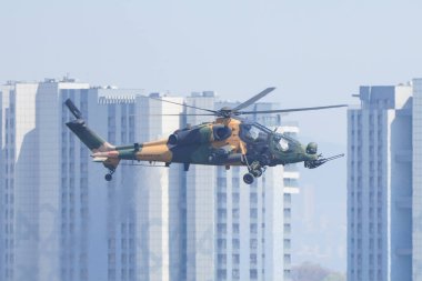 İSTANBUL, TURKIYE - 30 Nisan 2023: Türk Ordusu TAI-129A ATAK İstanbul Teknofest sırasında İstanbul Atatürk Havalimanı 'nda sergilendi