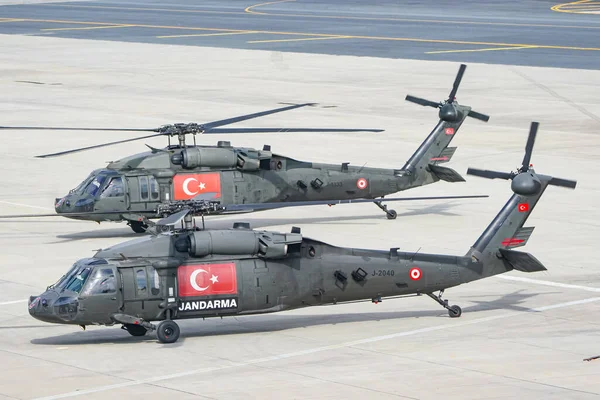 stock image ISTANBUL, TURKIYE - APRIL 29, 2023: Turkish Jandarma Force Sikorsky S-70 (702040) displayed at Istanbul Ataturk Airport during Teknofest Istanbul