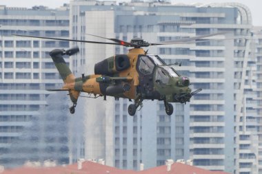 İSTANBUL, TURKIYE - 29 Nisan 2023: Türk Ordusu TAI-129A ATAK İstanbul Teknofest sırasında İstanbul Atatürk Havalimanı 'nda sergilendi