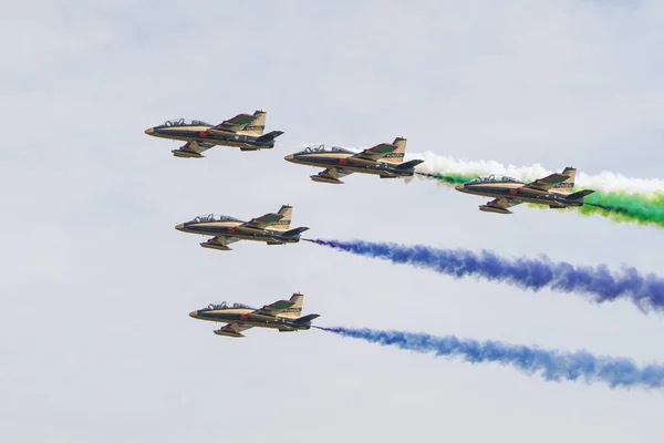 stock image ISTANBUL, TURKIYE - APRIL 29, 2023: Fursan Al Emarat, United Arab Emirates Air Force aerobatic demonstration team display in Istanbul Ataturk Airport during Teknofest Istanbul