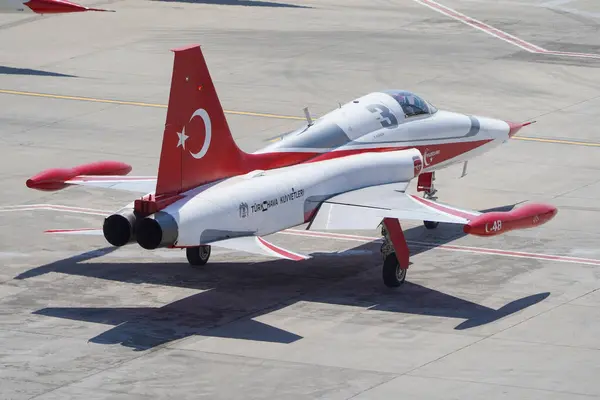 stock image ISTANBUL, TURKIYE - APRIL 30, 2023: Turkish Stars, Turkish Air Force aerobatic demonstration team display in Istanbul Ataturk Airport during Teknofest Istanbul