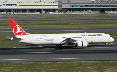 ISTANBUL, TURKIYE - OCTOBER 01, 2022: Turkish Airlines Boeing 787-9 (65801) landing to Istanbul International Airport