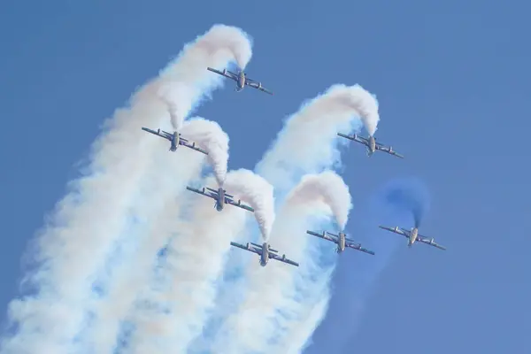 stock image ISTANBUL, TURKIYE - APRIL 30, 2023: Fursan Al Emarat, United Arab Emirates Air Force aerobatic demonstration team display in Istanbul Ataturk Airport during Teknofest Istanbul