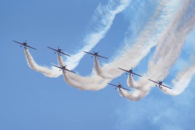 ISTANBUL, TURKIYE - Mayıs 01, 2023: Fas Marche Verte - İstanbul Teknofest sırasında İstanbul Atatürk Havalimanı 'nda Yeşil Mart akrobatik gösteri ekibi