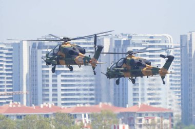 İSTANBUL, TURKIYE - 30 Nisan 2023: Türk Ordusu TAI-129A ATAK İstanbul Teknofest sırasında İstanbul Atatürk Havalimanı 'nda sergilendi