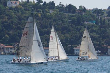 İSTANBUL, TÜRKİYE - 30 Ağustos 2023: Boğaz Kupası 'nda yelkenli yarışıyor