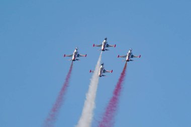 ESKISEHIR, TURKIYE - 16 Eylül 2023: Türk Hava Kuvvetleri akrobatik gösteri ekibi Türk Yıldızları Kanadalı NF-5A Özgürlük Savaşçısı Sivrihisar SHG Hava Gösterisinde sergilendi