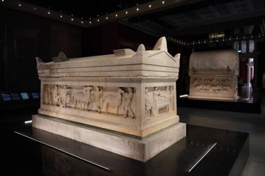 İSTANBUL, TÜRKİYE - 13 Temmuz 2023: İstanbul Arkeoloji Müzelerinde Sarcophagus