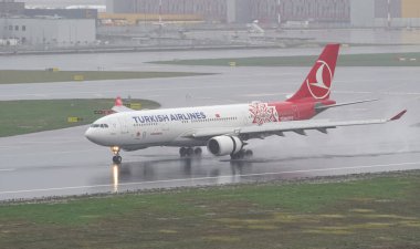 ISTANBUL, TURKIYE - 15 Ekim 2022: Türk Havayolları Airbus A330-203 (704) İstanbul Uluslararası Havaalanına indi