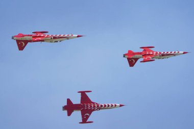 İSTANBUL, TURKIYE - 30 Nisan 2023: Türk Yıldızları ve Türk Hava Kuvvetleri akrobatik gösteri ekibi İstanbul Teknofest sırasında İstanbul Atatürk Havalimanı 'nda sergilendi