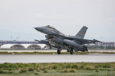 KONYA, TURKIYE - MAY 09, 2023: Turkish Air Force Lockheed Martin F-16C Fighting Falcon (HC-55) landing to Konya Airport during Anatolian Eagle Air Force Exercise clipart