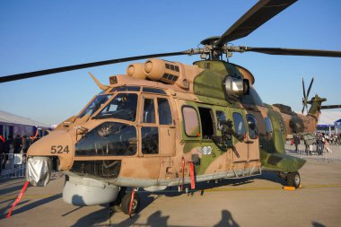 ISTANBUL, TURKIYE - MAYIS 01, 2023: Türk Hava Kuvvetleri Eurocopter AS 532UL Cougar (2524) İstanbul Atatürk Havalimanı Teknofest 'te sergilendi