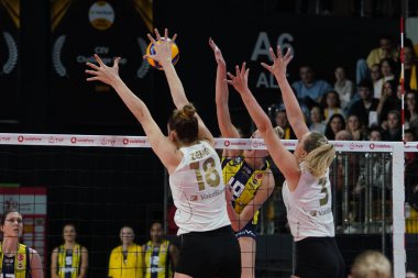 ISTANBUL, TURKIYE - NOVEMBER 24, 2023: Zehra Gunes ve Cansu Özbay Vakıfbank - Fenerbahçe Opet Türkiye Sultanlar Ligi karşılaşmasında Vakıfbank Spor Salonu 'nda