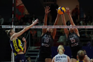ISTANBUL, TURKIYE - 28 Ocak 2024: Celeste Plak ve Bengisu Aygün, Burhan Felek Spor Salonu 'nda oynanan Fenerbahçe Opet - Beşiktas Ayos Türkiye Sultanlar Ligi karşılaşmasında
