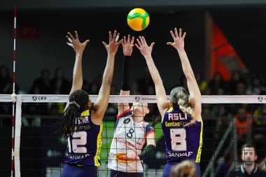 ISTANBUL, TURKIYE - 16 Ocak 2024: Burhan Felek Spor Salonu 'nda oynanan Fenerbahçe Opet-Grot Budowlani Lodz CEV Şampiyonlar Ligi Volesi karşılaşmasında Ana Cristina Souza ve Asli Kalac