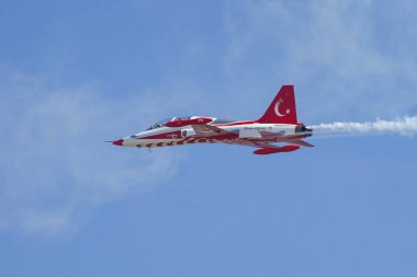İSTANBUL, TURKIYE - 30 Nisan 2023: Türk Yıldızları ve Türk Hava Kuvvetleri akrobatik gösteri ekibi İstanbul Teknofest sırasında İstanbul Atatürk Havalimanı 'nda sergilendi