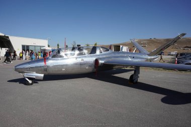 ESKISEHIR, TURKIYE - SEPTEMBER 17, 2023: M.S.O Air and Space Museum Fouga CM.170 Magister displayed at Sivrihisar SHG Airshow clipart