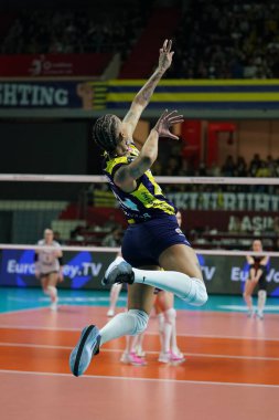 ISTANBUL, TURKIYE - 28 Şubat 2024: Melissa Vargas, Burhan Felek Spor Salonu 'nda oynanan Fenerbahçe Opet-Allianz MTV Stuttgart CEV Şampiyonlar Ligi Volesi Şampiyonlar Ligi karşılaşmasında görev yapıyor