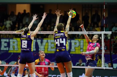 ISTANBUL, TURKIYE - 19 Mart 2024: Asli Kalac ve Melissa Vargas, Burhan Felek Spor Salonu 'nda oynanan Fenerbahçe Opet-Vero Volley Milano CEV Şampiyonlar Ligi Volesi Şampiyonlar Ligi Volesi karşılaşmasında