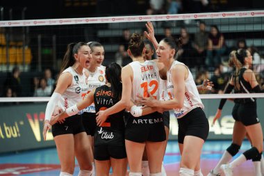 ISTANBUL, TURKIYE - Nisan 04, 2024: Vakıfbank Türkiye Sultanlar Ligi karşılaşmasında Eczacibasi Dynavit oyuncuları skor puanını kutluyorlar