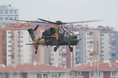 İSTANBUL, TURKIYE - 29 Nisan 2023: Türk Ordusu TAI-129A ATAK İstanbul Teknofest sırasında İstanbul Atatürk Havalimanı 'nda sergilendi
