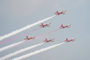 İSTANBUL, TURKIYE - MAYIS 01, 2023: Türk Yıldızları ve Türk Hava Kuvvetleri akrobatik gösteri ekibi İstanbul Teknofest sırasında İstanbul Atatürk Havalimanı 'nda sergilendi