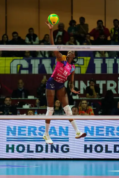 stock image ISTANBUL, TURKIYE - MARCH 19, 2024: Paola Egonu serves during Fenerbahce Opet vs Vero Volley Milano CEV Champions League Volley match in Burhan Felek Sport Hall