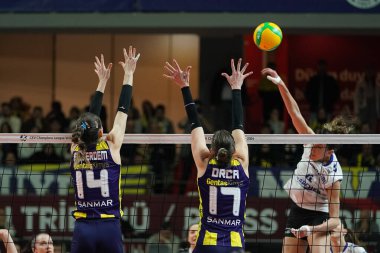 ISTANBUL, TURKIYE - FEBRUARY 28, 2024: Eda Erdem Dundar ve Bojana Drca, Burhan Felek Spor Salonu 'nda oynanan Fenerbahçe Opet vs Allianz MTV Stuttgart CEV Şampiyonlar Ligi Volley karşılaşmasında