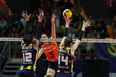 ISTANBUL, TURKIYE - 13 Nisan 2024: Ana Cristina Souza ve Eda Erdem Dundar, Burhan Felek Spor Salonu 'nda oynanan Fenerbahçe Opet vs Eczacibasi Dynavit Türk Sultanlar Ligi karşılaşmasında eylem halindeler