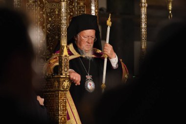 ISTANBUL, TURKIYE - MAY 04, 2024: Ecumenical Patriarch Bartholomew of Constantinople during Easter in Ecumenical Patriarchate of Constantinople, Istanbul clipart