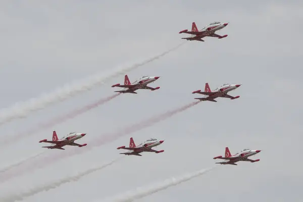 stock image ISTANBUL, TURKIYE - APRIL 29, 2023: Turkish Stars, Turkish Air Force aerobatic demonstration team display in Istanbul Ataturk Airport during Teknofest Istanbul