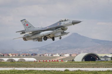 KONYA, TURKIYE - MAY 09, 2023: Turkish Air Force General Dynamics F-16C Fighting Falcon (4R-42) take-off from Konya Airport during Anatolian Eagle Air Force Exercise clipart