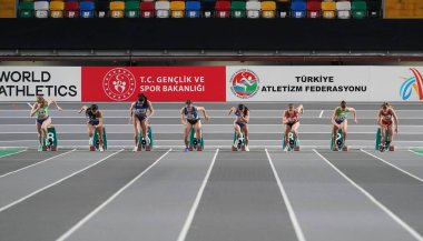 ISTANBUL, TURKIYE - FEBRUARY 10, 2024: Athletes running 60 metres during Balkan Athletics Championships in Atakoy Athletics Arena clipart