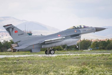 KONYA, TURKIYE - MAY 09, 2023: Turkish Air Force General Dynamics F-16C Fighting Falcon (HC-28) landing to Konya Airport during Anatolian Eagle Air Force Exercise clipart