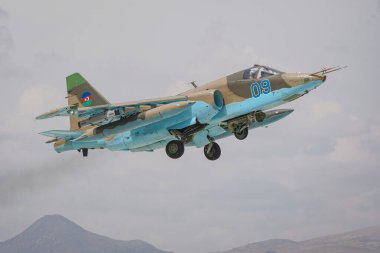 KONYA, TURKIYE - MAY 09, 2023: Azerbaijani Air Force Sukhoi Su-25 Frogfoot (25508101029) take-off from Konya Airport during Anatolian Eagle Air Force Exercise clipart