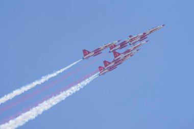 İSTANBUL, TURKIYE - 30 Nisan 2023: Türk Yıldızları ve Türk Hava Kuvvetleri akrobatik gösteri ekibi İstanbul Teknofest sırasında İstanbul Atatürk Havalimanı 'nda sergilendi
