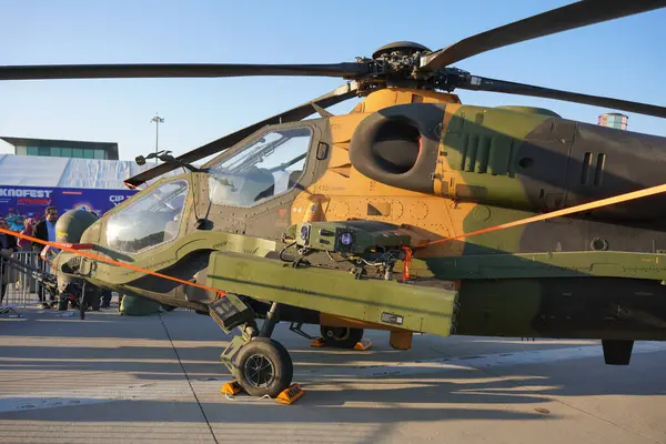İSTANBUL, TURKIYE - MAYIS 01, 2023: Türk Ordusu TAI-129A ATAK İstanbul Teknofest sırasında İstanbul Atatürk Havalimanı 'nda sergilendi