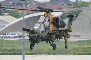 İSTANBUL, TURKIYE - 29 Nisan 2023: Türk Ordusu TAI-129A ATAK İstanbul Teknofest sırasında İstanbul Atatürk Havalimanı 'nda sergilendi