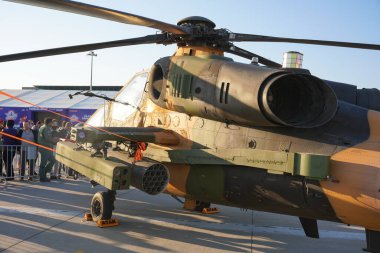 İSTANBUL, TURKIYE - MAYIS 01, 2023: Türk Ordusu TAI-129A ATAK İstanbul Teknofest sırasında İstanbul Atatürk Havalimanı 'nda sergilendi