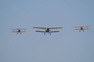 ESKISEHIR, TURKIYE - SEPTEMBER 17, 2023: M.S.O Air and Space Museum Boeing A75N1 Stearmans and Antonov An-2T displayed at Sivrihisar SHG Airshow clipart